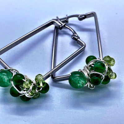 Green calchedony, aventurine and peridot on rectangular sterling silver earrings