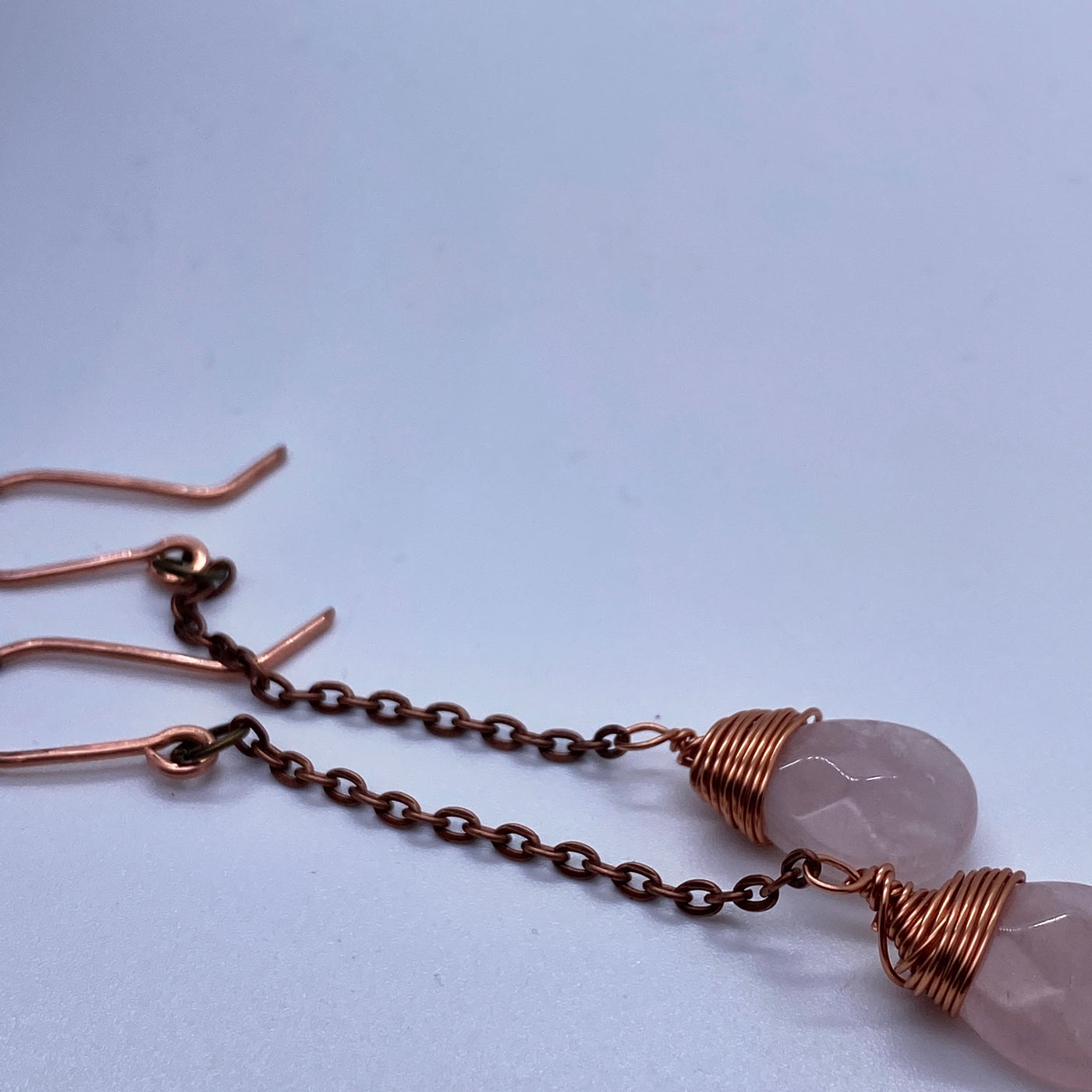 Rose quartz briolettes wrapped in copper on copper chain