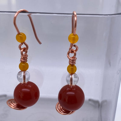 Red agate,yellow agate and clear quartz wire earrings