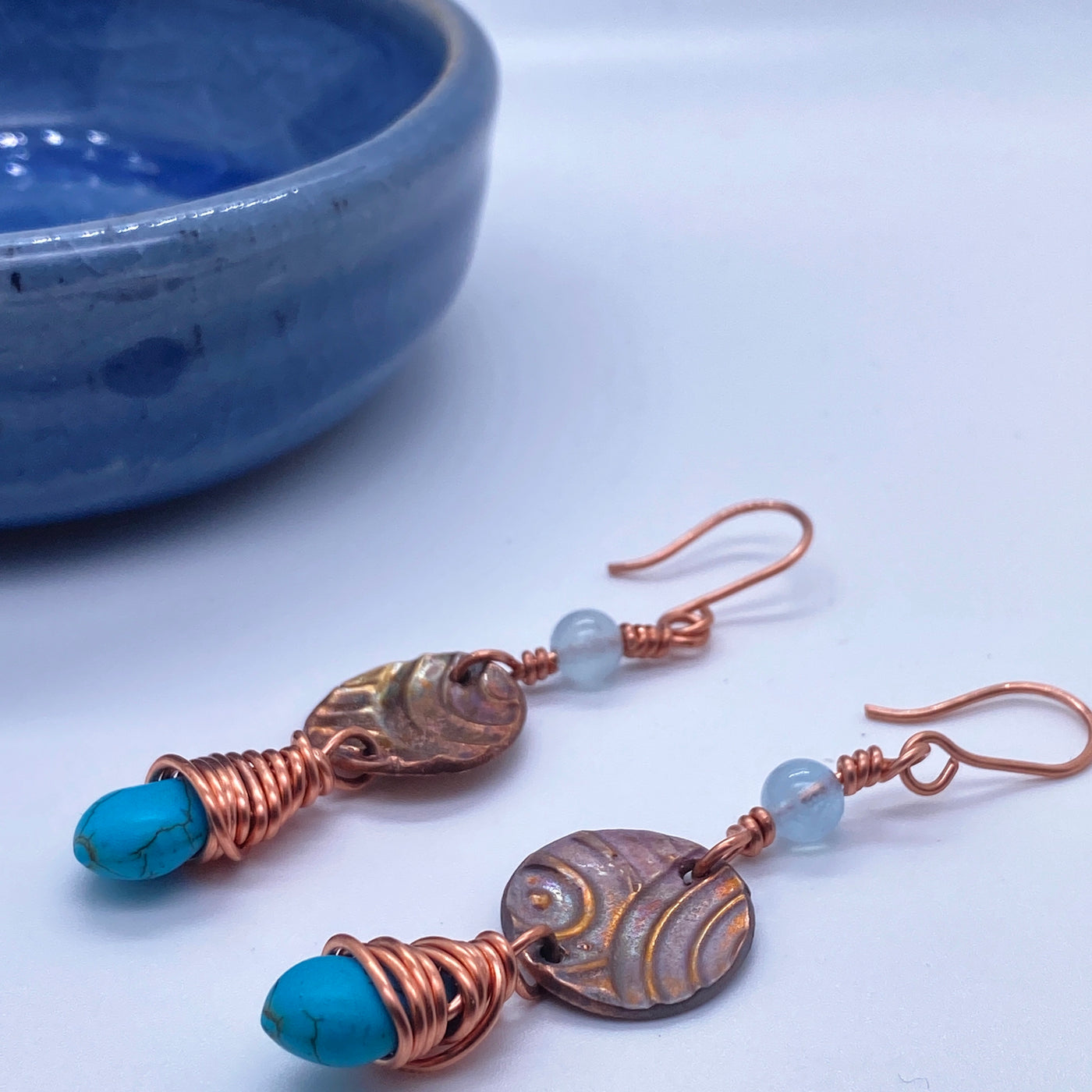 Bronze hand made teals, aquamarine and tourquoise blue howlite briolette in wire earrings