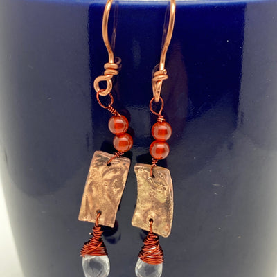 Christal briolette wrapped in copper, bronze handmade teals and red agate earrings