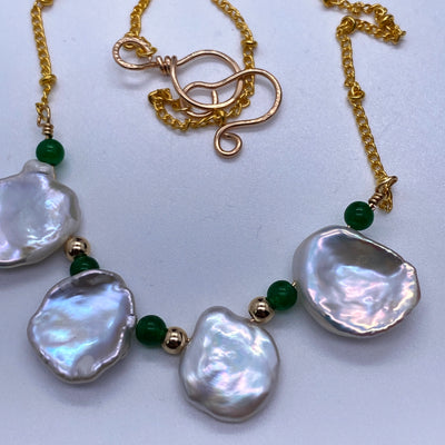 Baroque and green calchedony necklace 2. Baroque flat freshwater pearls and green calchedony on  chain. 