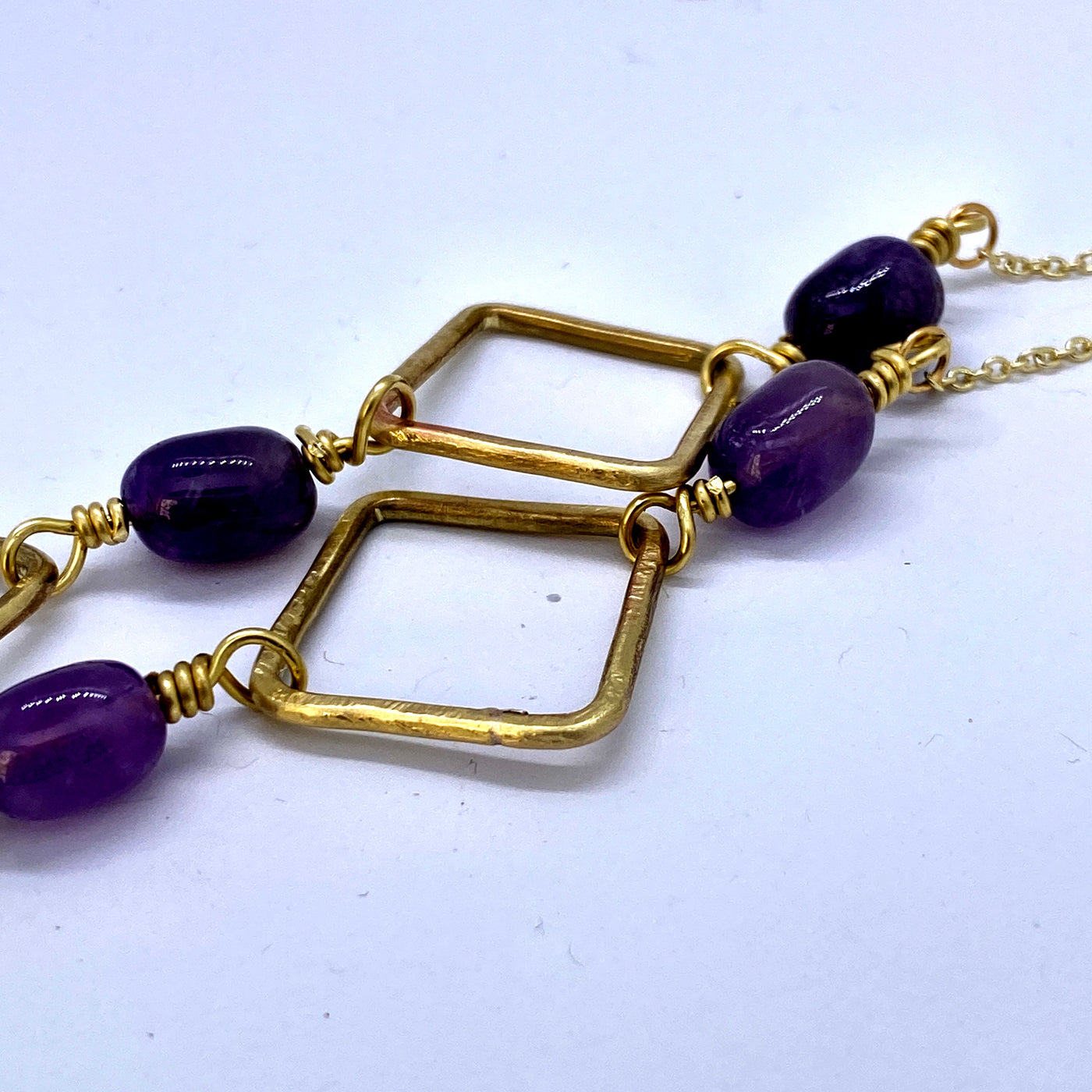 Handmade brass squares with amethysts long necklace