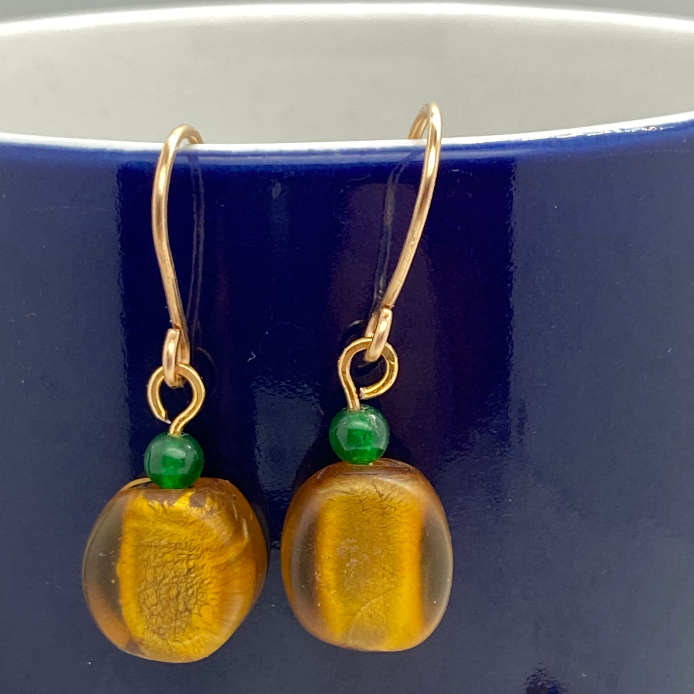 Golden glass beads and green calchedony earring