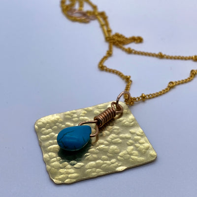 Square hammered brass and blue Howlite briolette wire wrapped