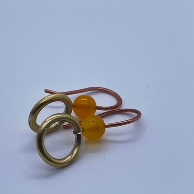 Silver and wire earrings with yellow agate.