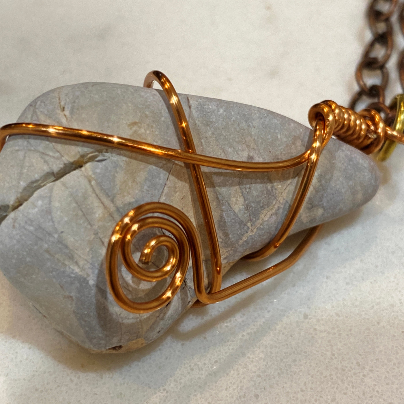White natural stone on wire. Medium pendant.