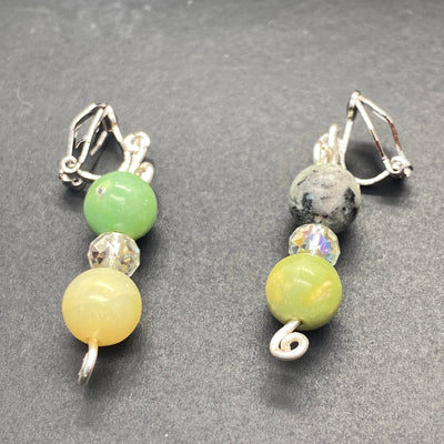 Silver, crystal rondelle and yellow/green tourquoise clip earrings