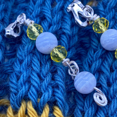 Blue agata, crystal yellow rondelle and silver clip earrings