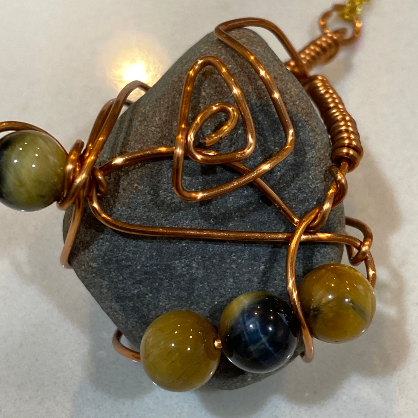 Black natural stone, tiger eye and wire on chain. Big pendant.