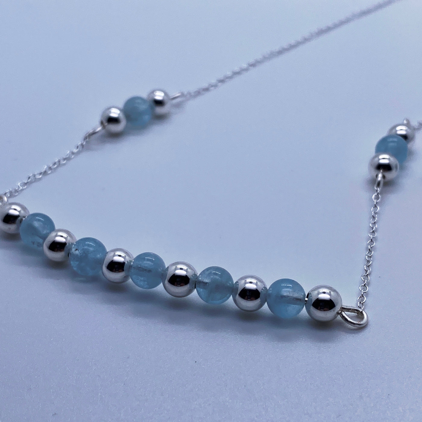 Acquamarine and silver beads on silver chain necklace