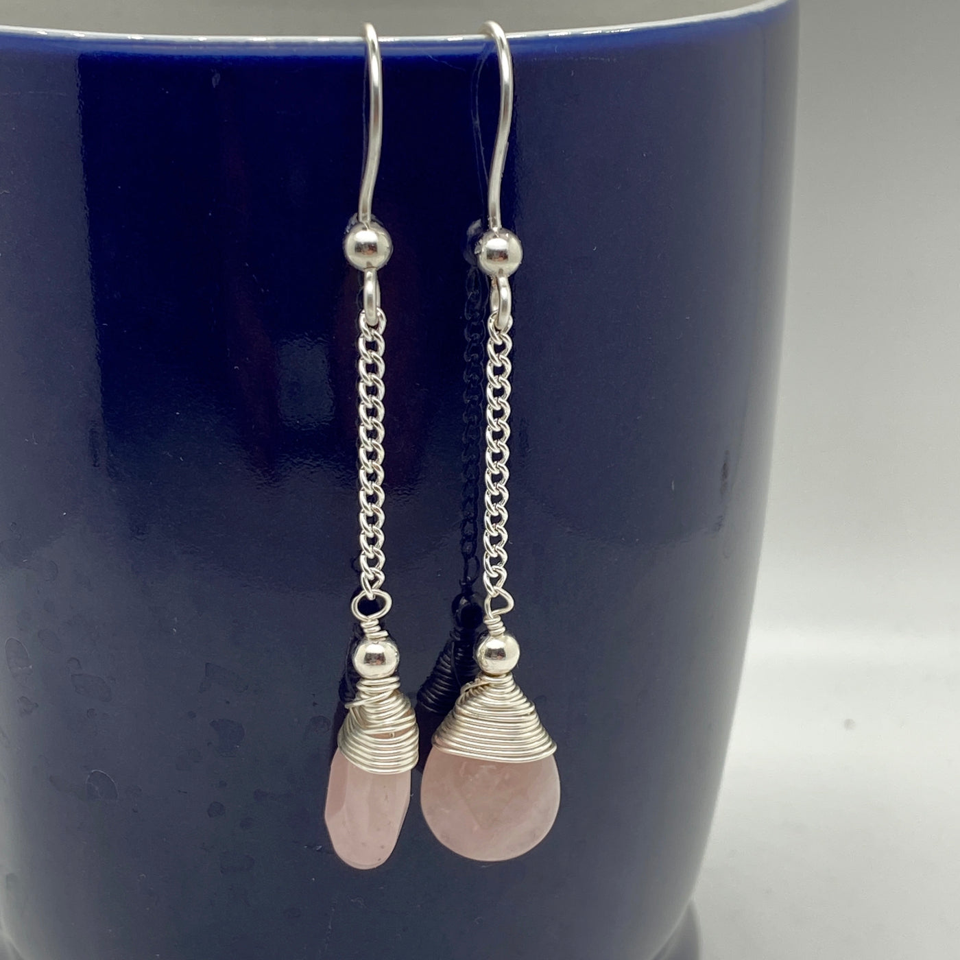 Rose quartz briolettes wrapped in silver on silver chain