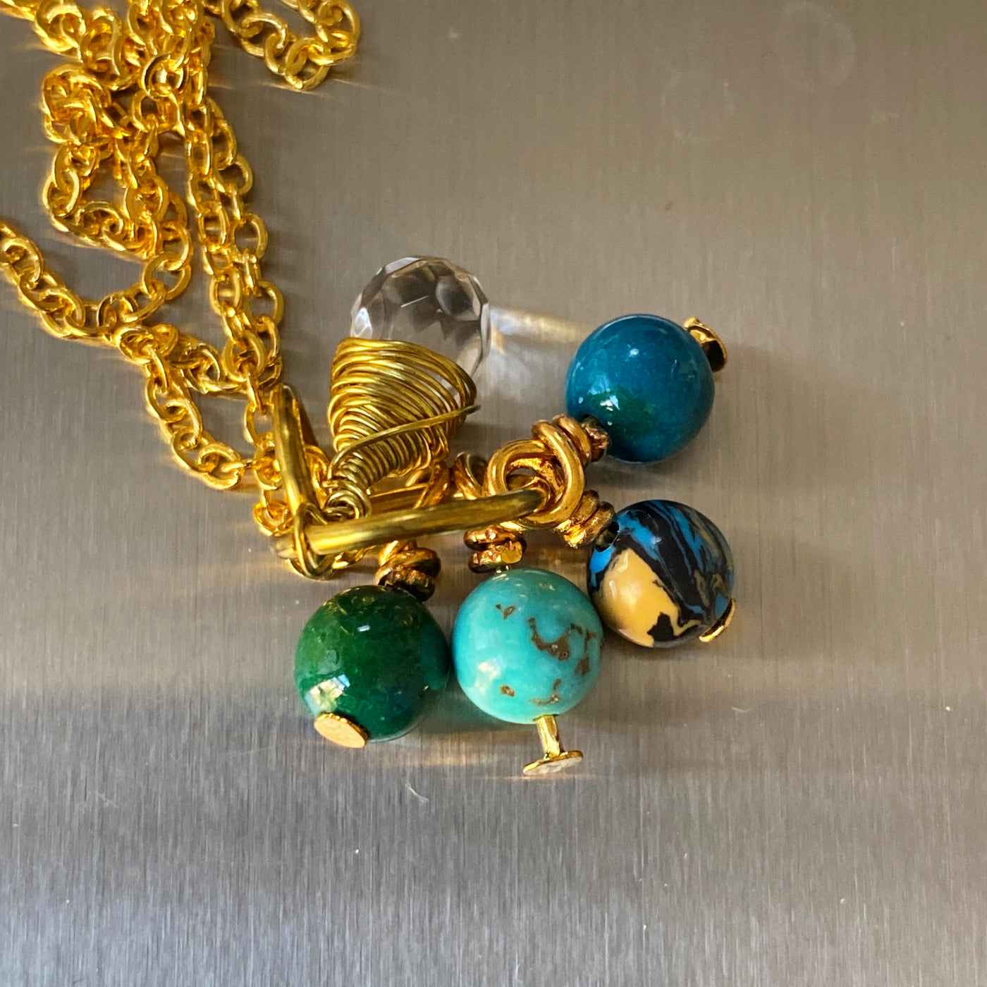 Chrystal briolette, crysocolla, turquoise, blue malachite small pendant.