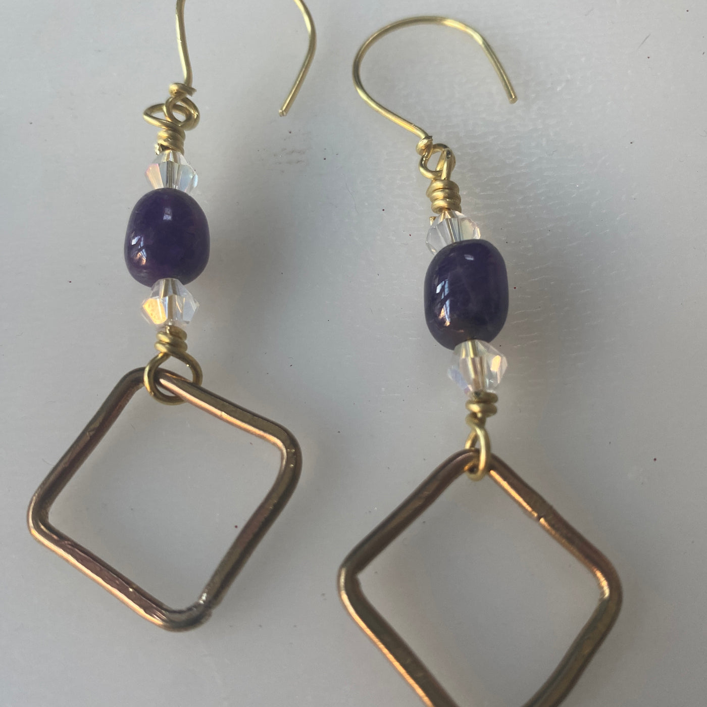 Handmade brass squares with amethyst and Chrystal's earrings 9 cm long