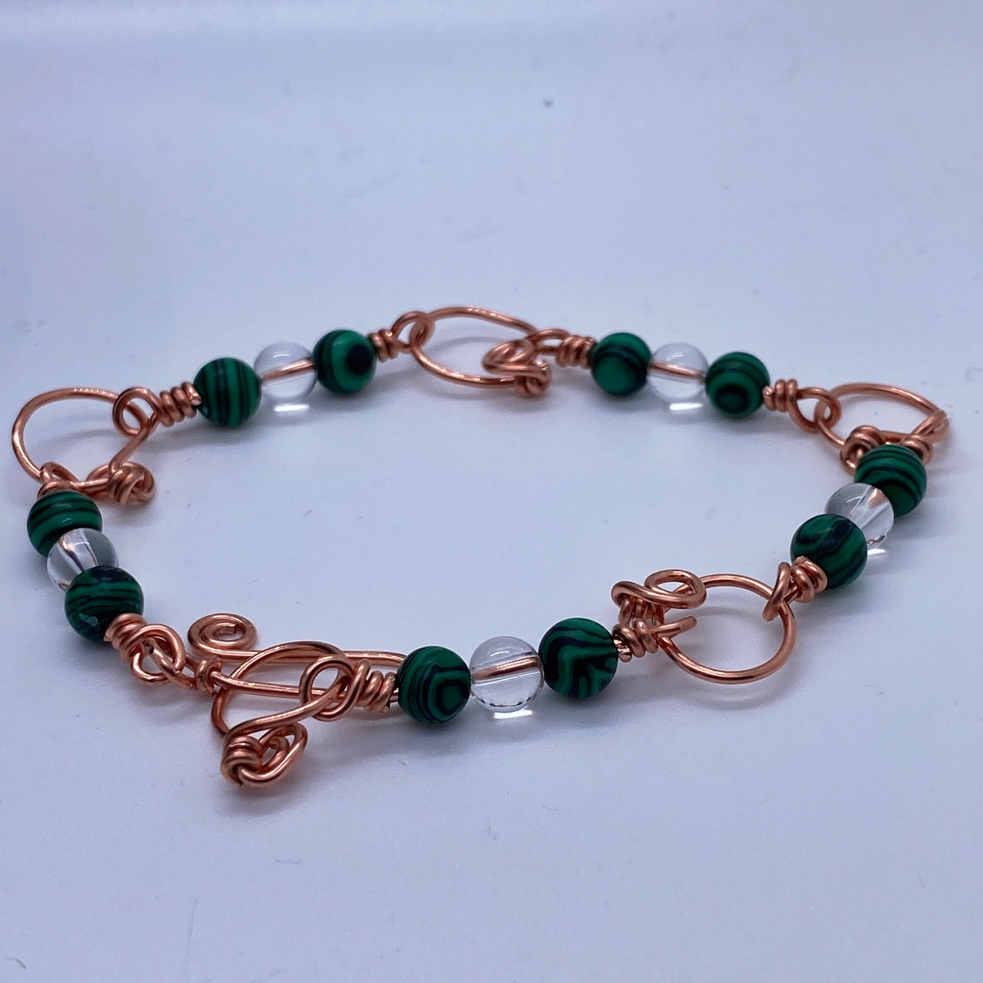 Malachite and clear quartz adjustable copper bracelet