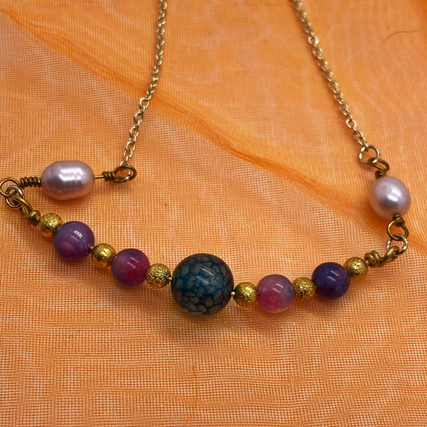 Dragon green, freshwater pearl, giada and brass necklace