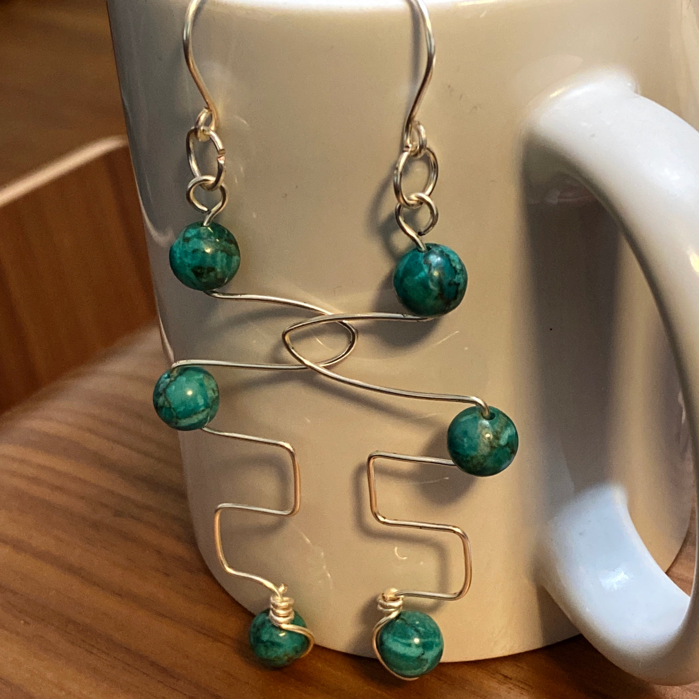 African turquoise and silver wire. Earrings. Lines collection.