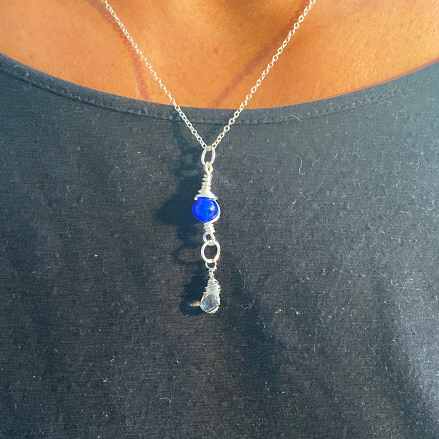 Necklace: Blue howlite and Crystal briolette on chain