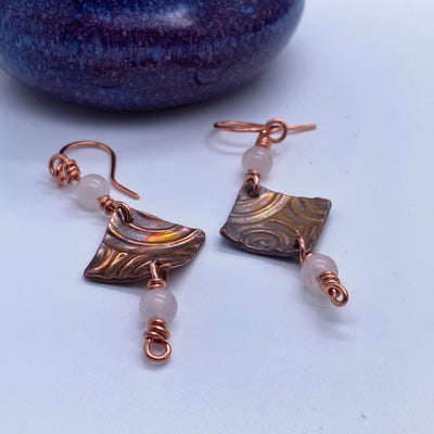 Bronze hand made teals and rose quartz in wire earrings