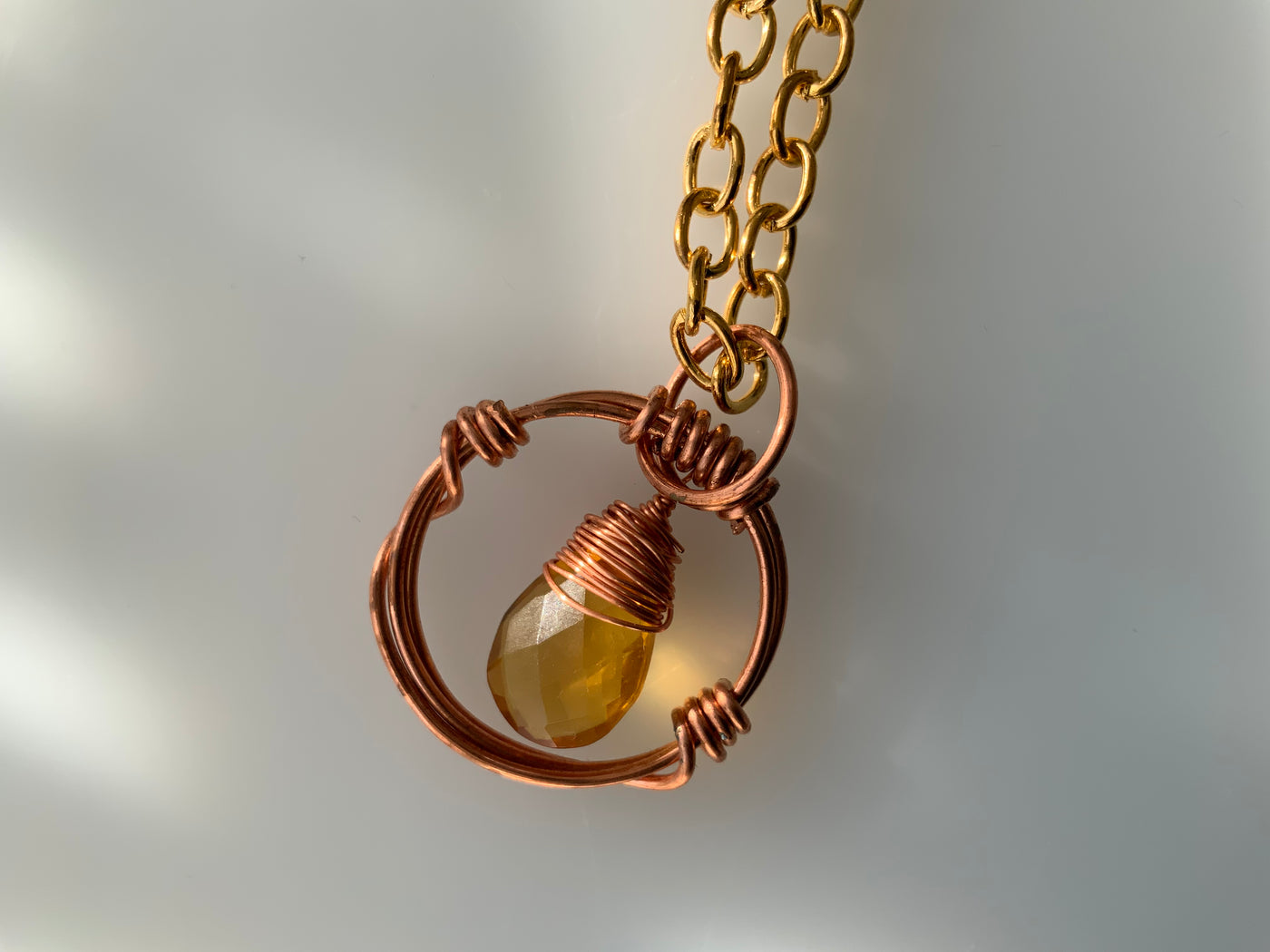 Citrine briolette, wire and chain pendant