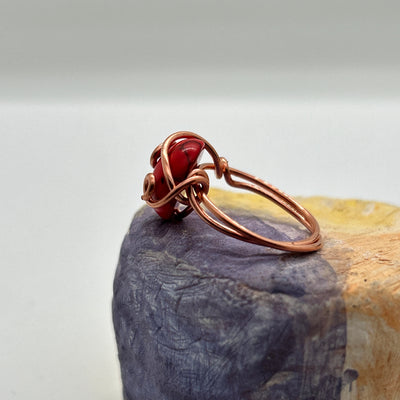 Red is for love -copper ring with red stone cabochone size L