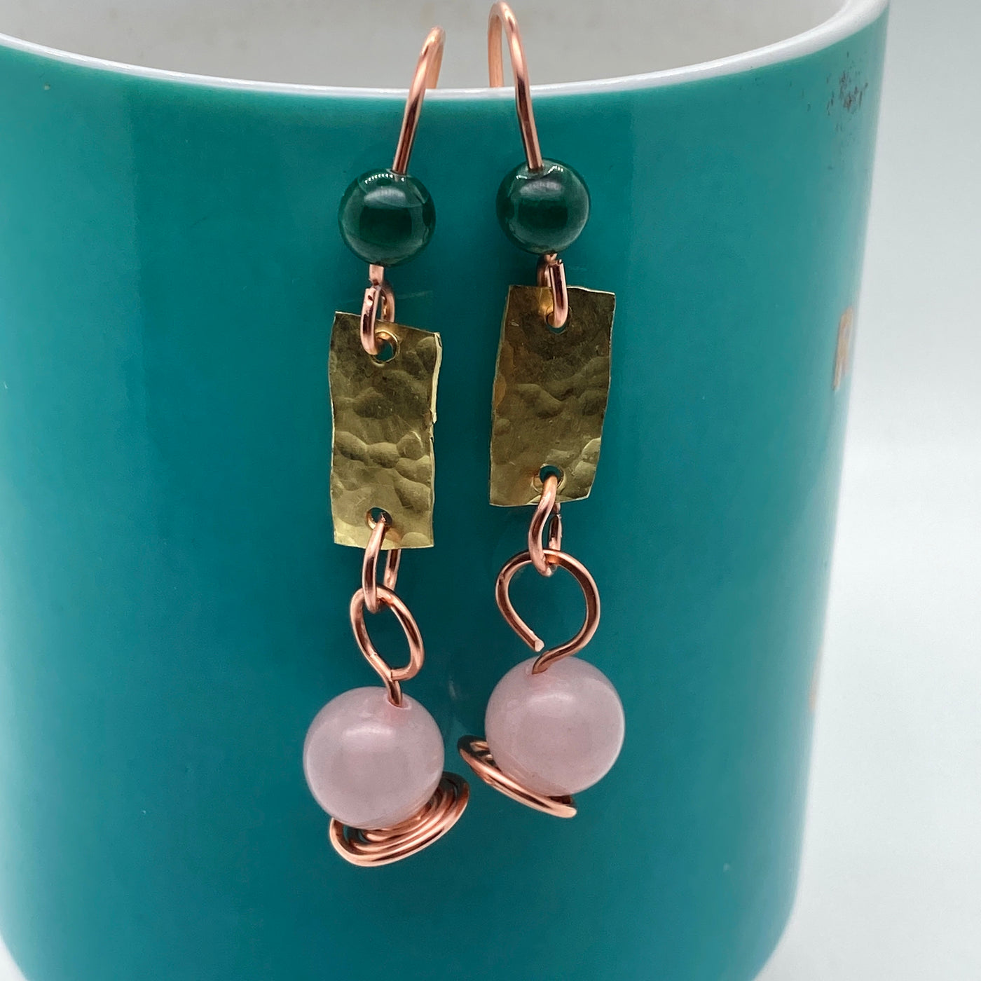 Rose quartz and chrysocolla earrings in wire and brass