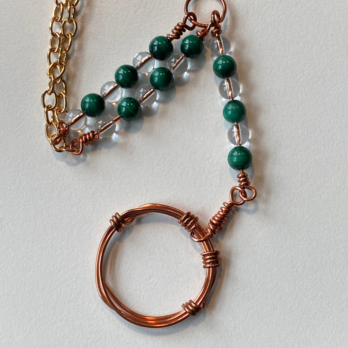 Quartz, malachite, wire and chain pendant
