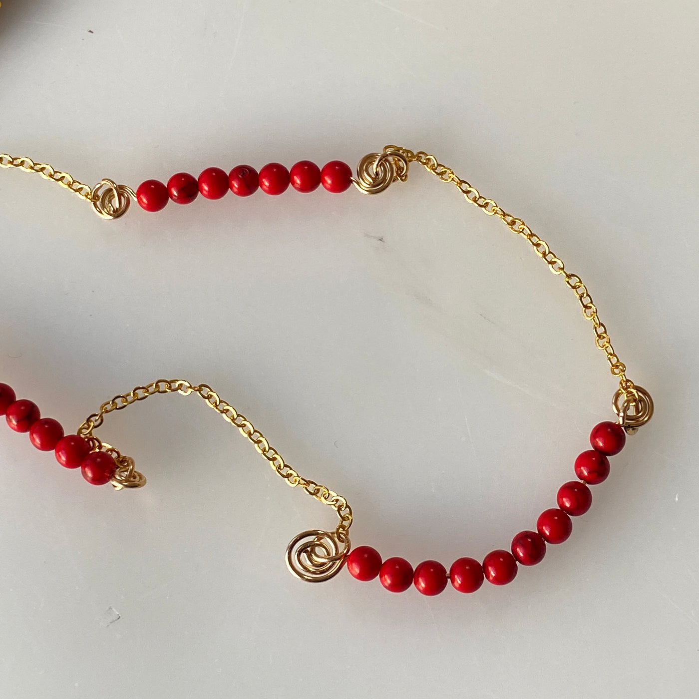 Red turquoise and gold filled chain necklace for lines collection.
