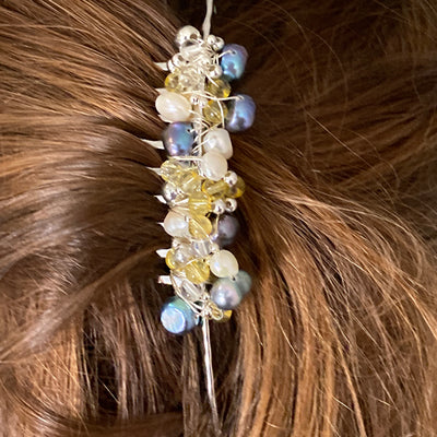 Freshwater pearls in different measures and colors (white, blue), chrystal, citrine and silver beads and silver wire on french twist 10 teeths comb alloy metal bridal wedding hair side comb silver color