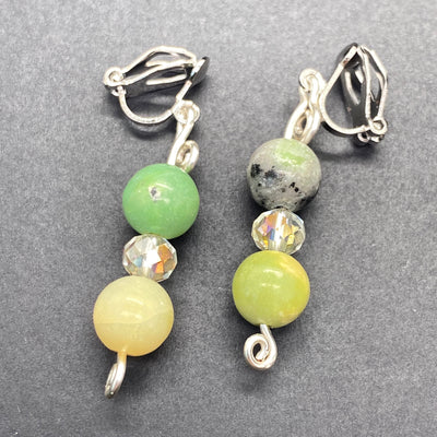 Silver, crystal rondelle and yellow/green tourquoise clip earrings