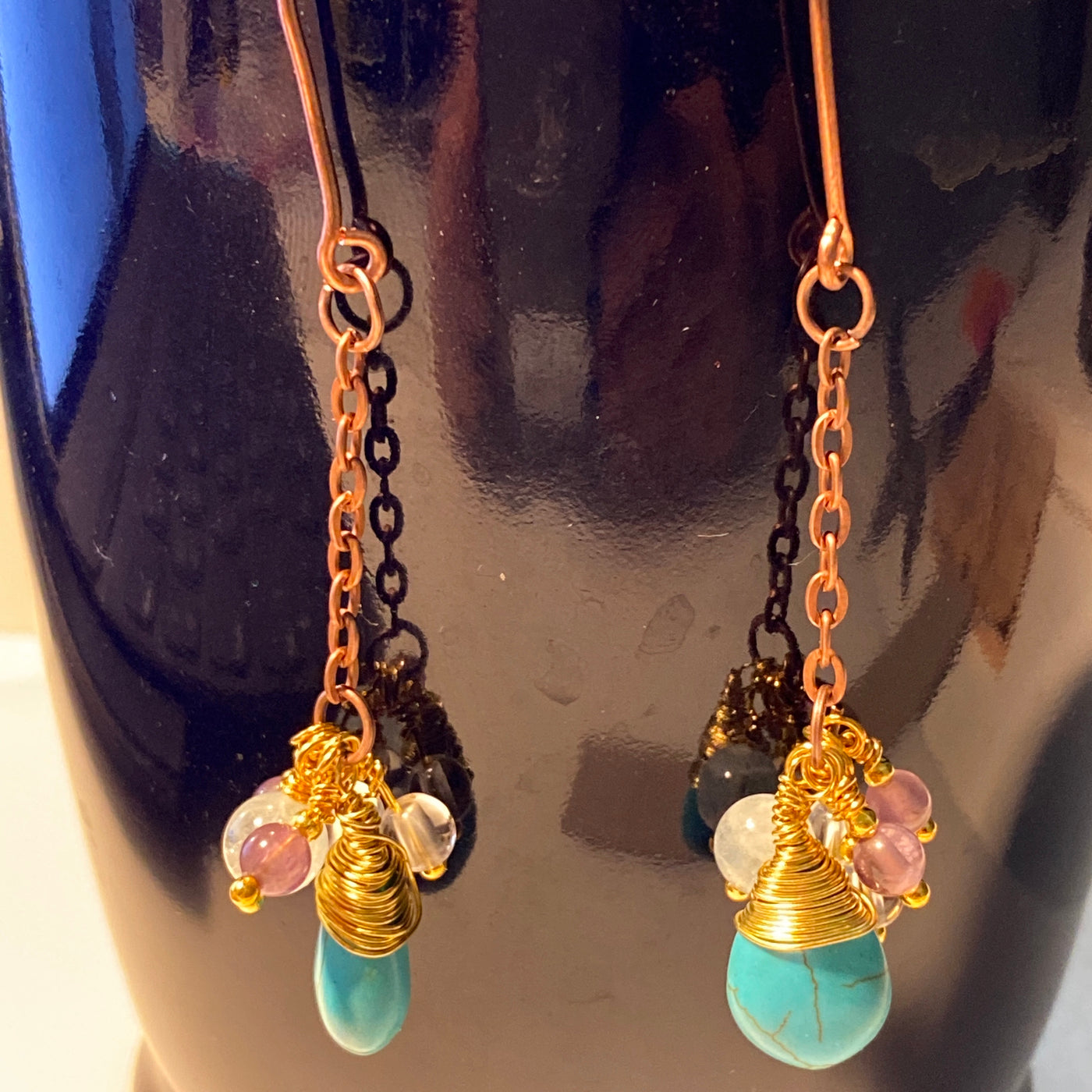 Blue howlite briolette, acquamarine, amethyst and rose quartz in chain earrings