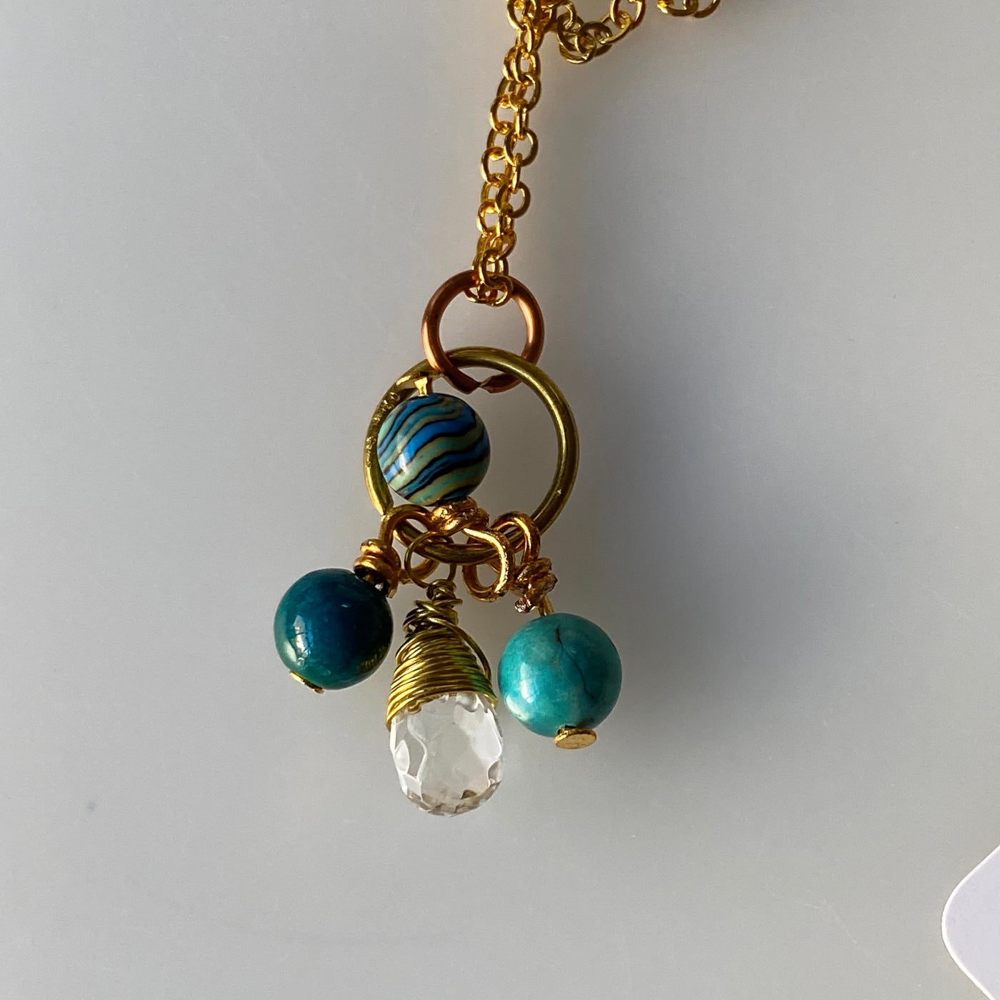 Chrystal briolette, crysocolla, turquoise, blue malachite small pendant.
