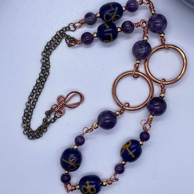 Hand inlaid/Wound Java glass and amethists with round wire bronze and chain necklace