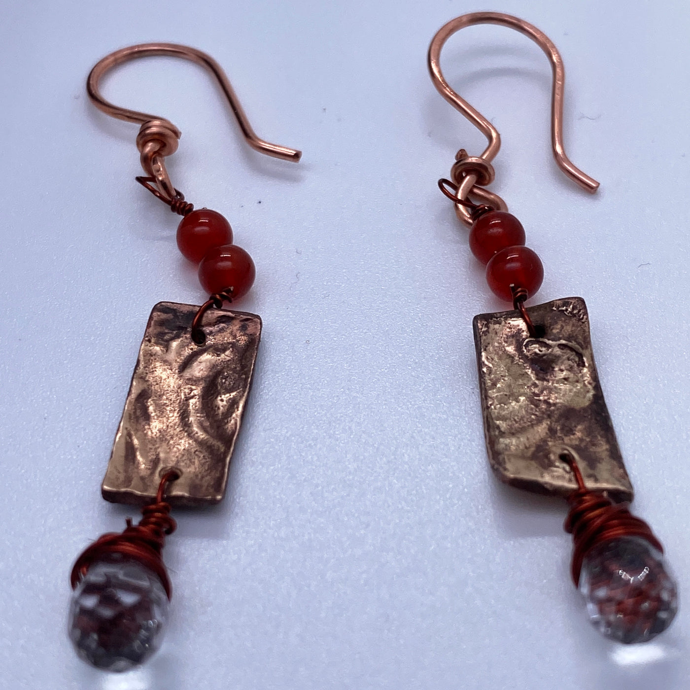 Christal briolette wrapped in copper, bronze handmade teals and red agate earrings