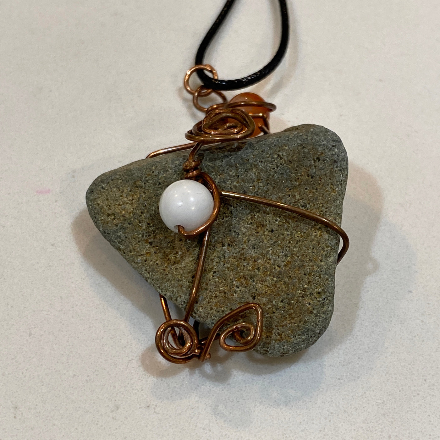 Grey stone, white natural stones and wire. Big pendant.