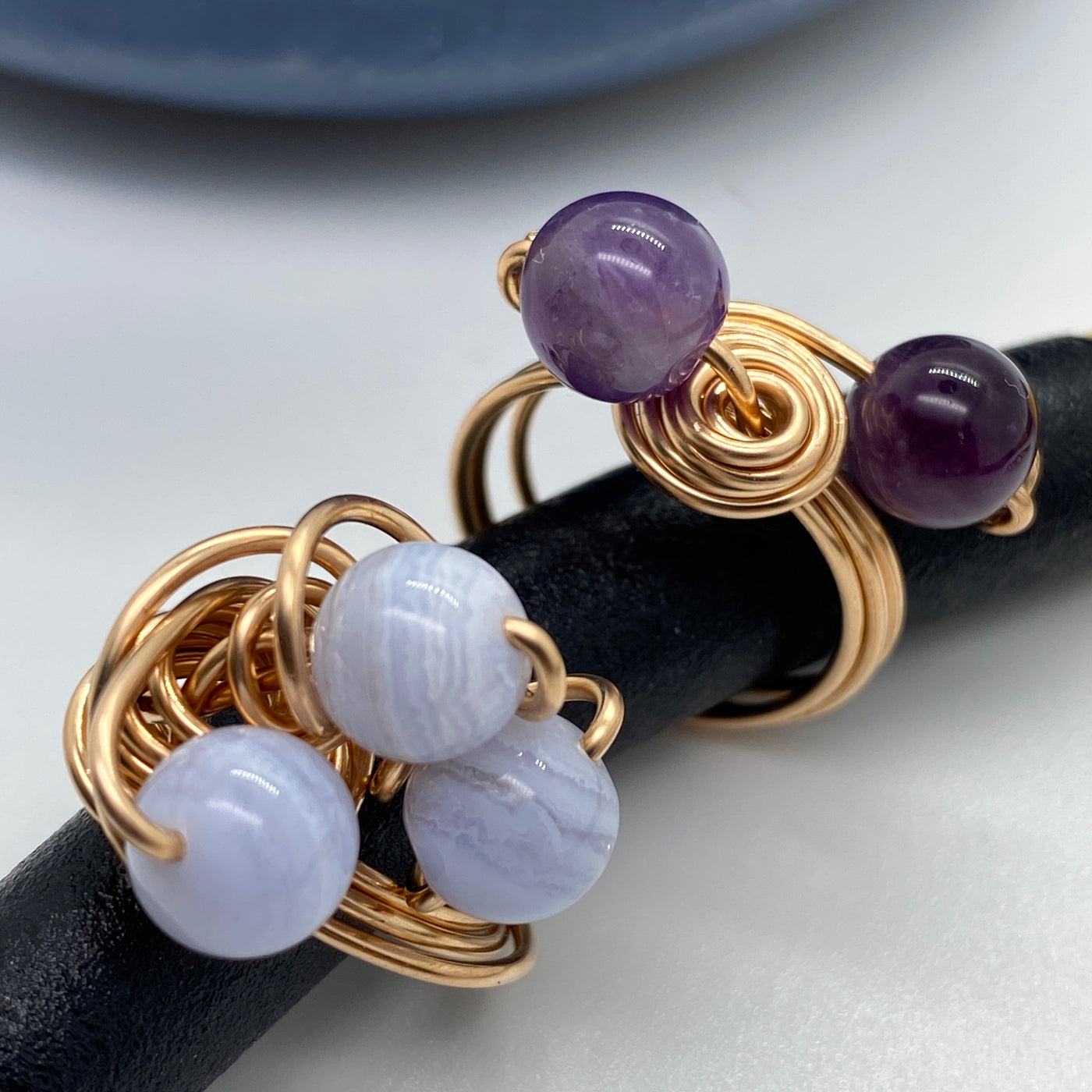 Agate blue ring. Round precious agate blue pearls and wire ring