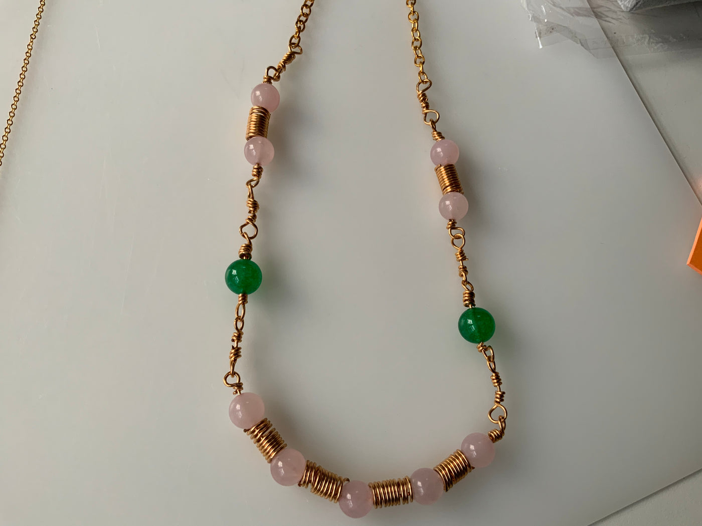 Green calchedony, rose quartz and wire chain necklace