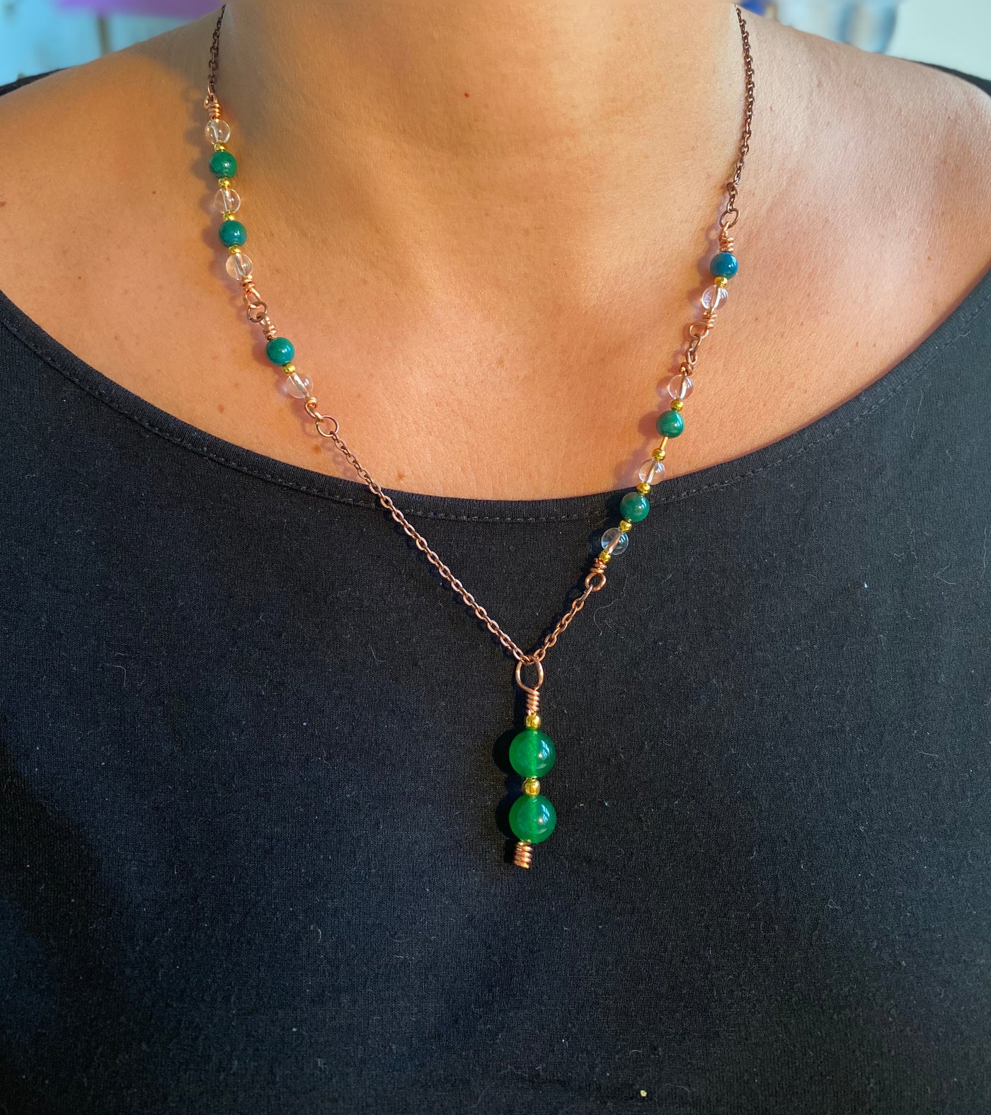 Necklace: Malachite, clear quartz and green calchedony