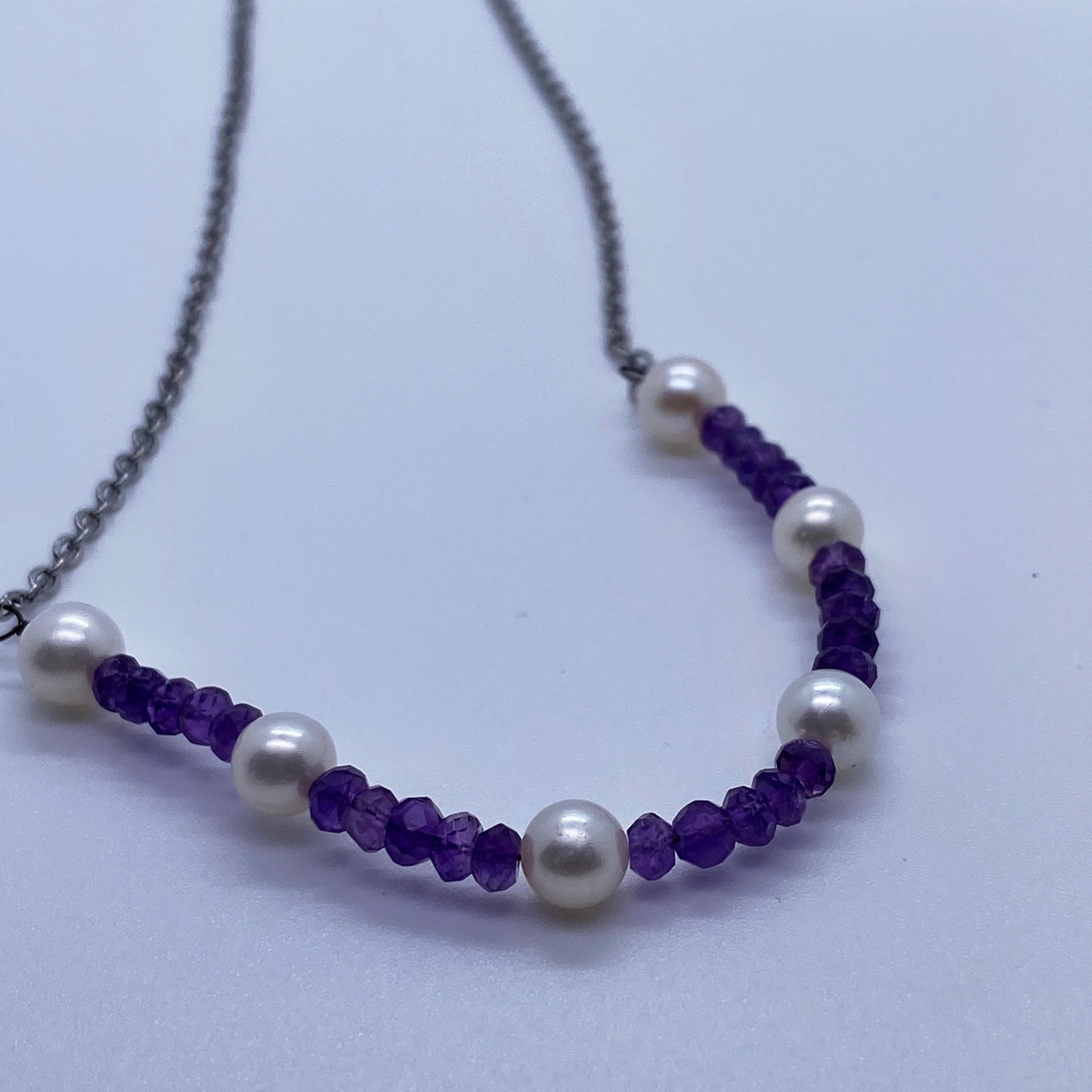 Pearls and amethyst on silver chain necklace