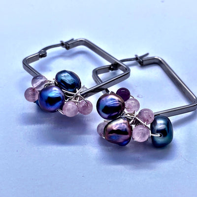 Freshwater pearls and quartz on square sterling silver earrings