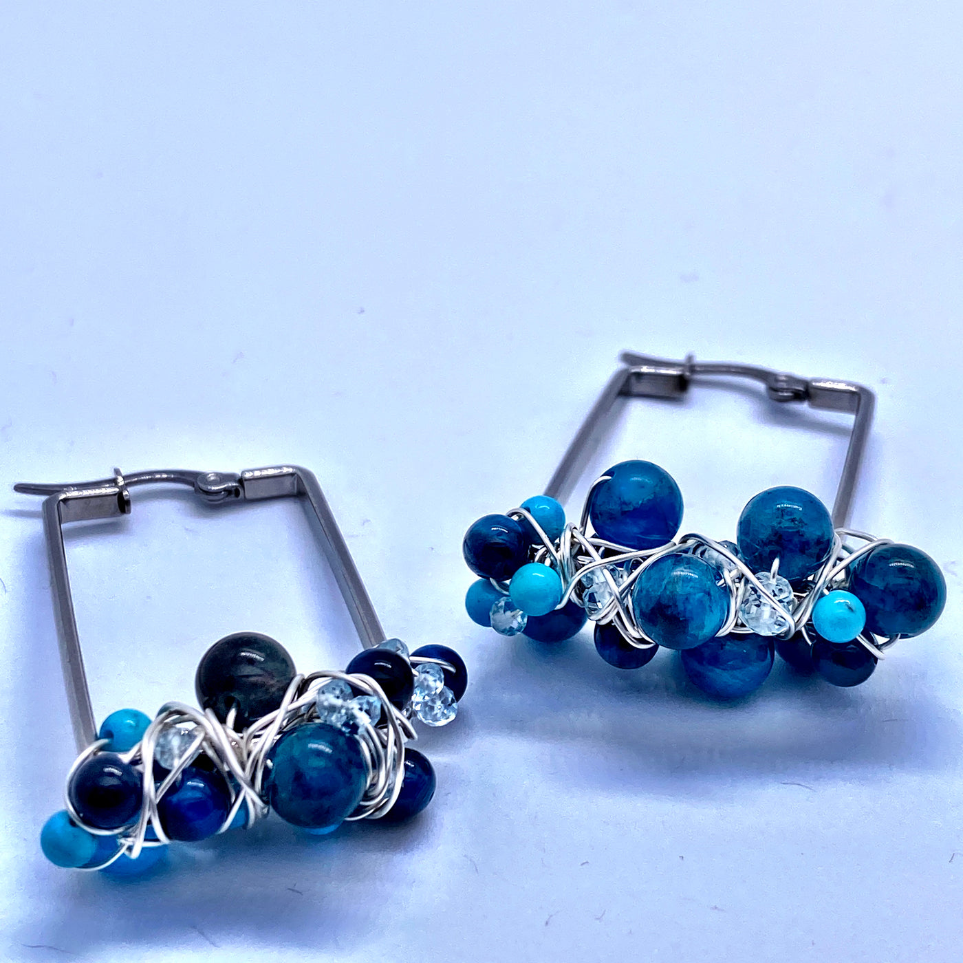 Tourquoise, blue tiger eye and quartz on rectangular sterling silver earrings