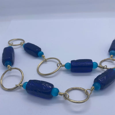 Handmade brass circles with sky blue cat eye round glass 8 mm and dark blue glass