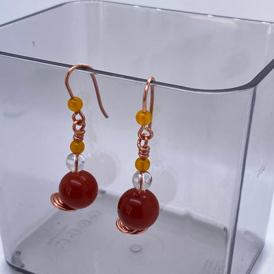 Red agate,yellow agate and clear quartz wire earrings