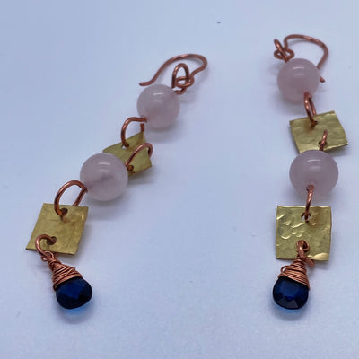 Ten cm long earrings in brass, pink quartz and London blue topaz briolette
