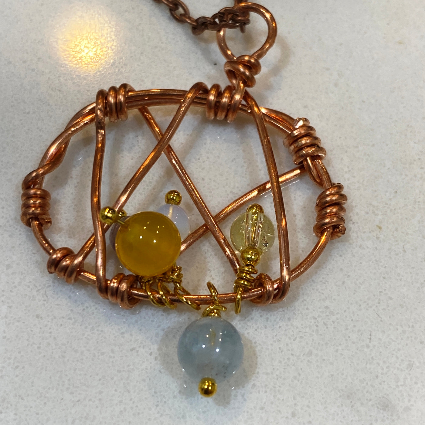 Yellow agate, acquamarine, opalyte, citrina, and amethyst in wires pendant for Shake and Move.