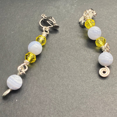 Blue agata, crystal yellow rondelle and silver clip earrings