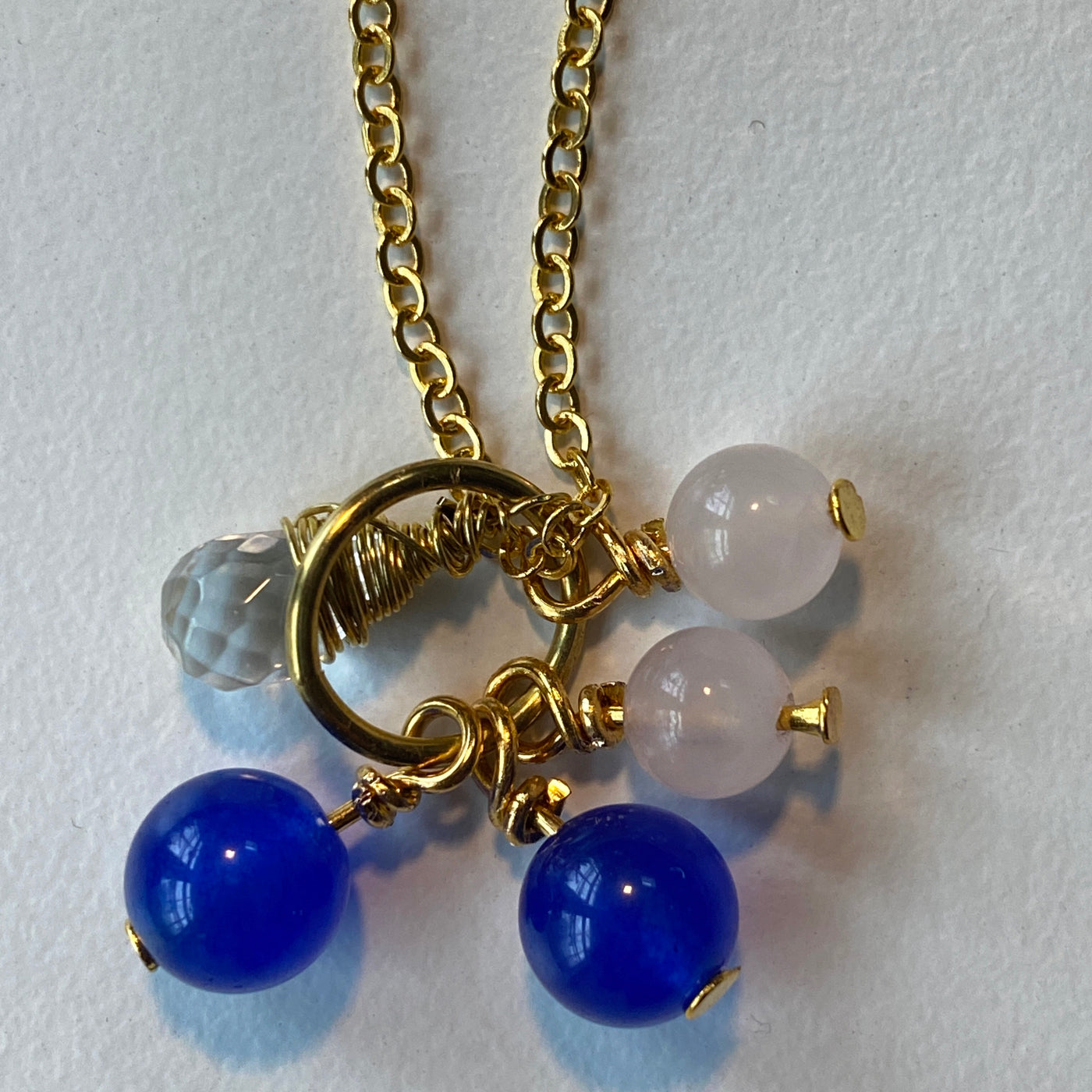 Chrystal briolette, blue chalcedony, rose quartz pendant for Shake and Move Collection