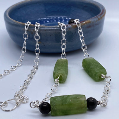 Green glass beads and jet 8mm on chain necklace