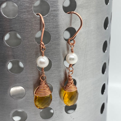 Classy pearls and citrine briolette wire wrapped earrings