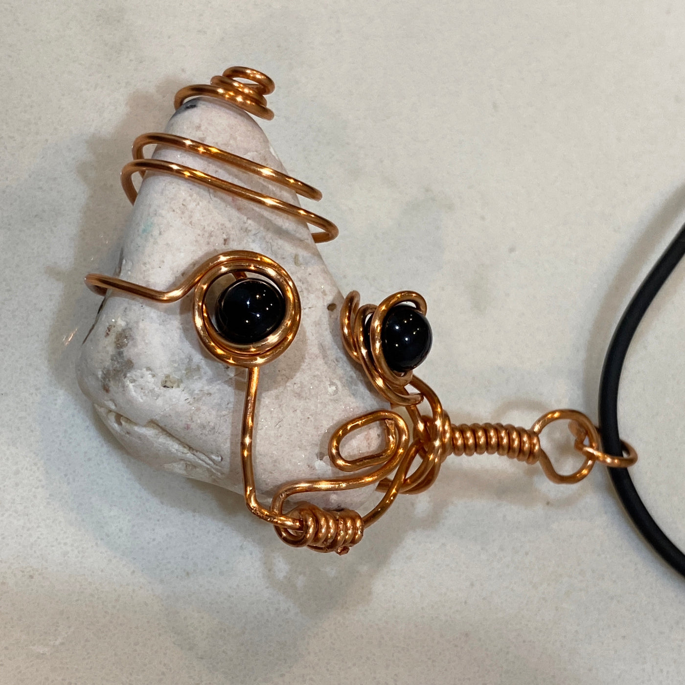 White natural stone, onyx and wire. Medium size pendant. Milky stone.